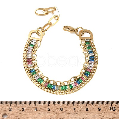 304 Stainless Steel & Glass Double Layers Chain Bracelets for Women BJEW-F540-10G-04-1
