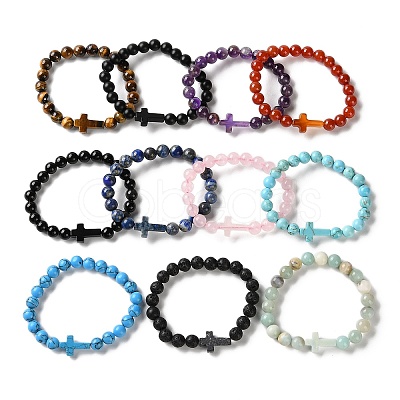 Natural & Synthetic Mixed Gemstone Cross & Round Beaded Stretch Bracelets BJEW-C119-01-1