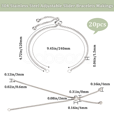 20Pcs Adjustable 304 Stainless Steel Box Chain Slider Bracelets Making STAS-BBC0008-75-1