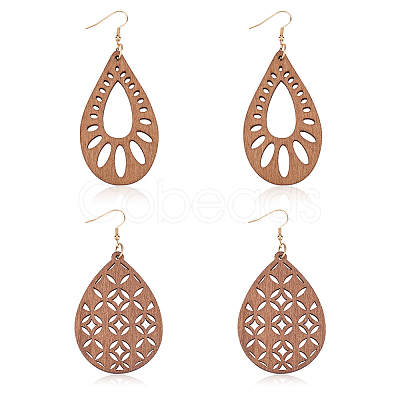 2 Pairs 2 Style Natural Wood Hollow Out Teardrop Dangle Earrings EJEW-AN0001-54-1