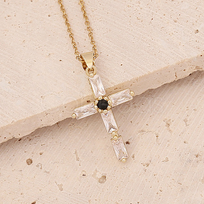 Brass Micro Pave Cubic Zirconia Cross Pendant Necklaces FS-WG7675B-09-1