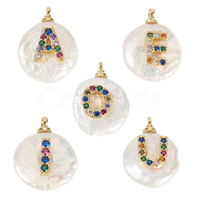 5Pcs 5 Styles Natural Cultured Freshwater Pearl Nuggets with Letter Pendants PEAR-TA0001-27-1