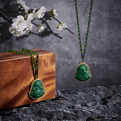 2Pcs Alloy Glass Buddha Pendant Glass Beaded Necklaces NJEW-UN0001-89-1