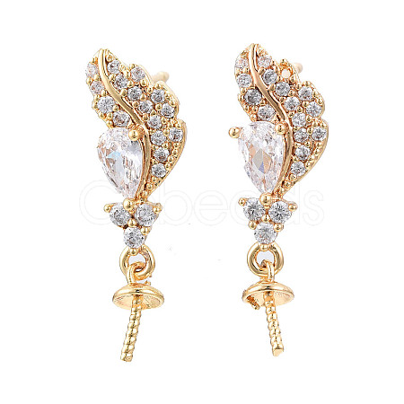 Feather Shape Brass Micro Pave Clear Cubic Zirconia Earring Findings KK-S356-435A-NF-1