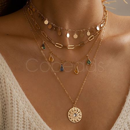 Teardrop Disc Alloy with Colorful Rhinestone Pendant Multi Layered Necklaces for Women FS-WG832B2-01-1