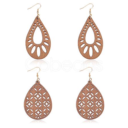 2 Pairs 2 Style Natural Wood Hollow Out Teardrop Dangle Earrings EJEW-AN0001-54-1