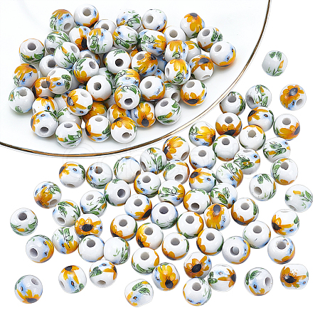 120Pcs Floral Printed Porcelain Beads PORC-UN0001-04-1