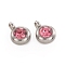 Trendy Original Color 304 Stainless Steel Grade A Rhinestone Flat Round Charm Pendants, October Birthstone Charms, Faceted, Stainless Steel Color, Rose, 9x6.5x4mm, Hole: 2mm