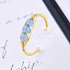 Natural Aquamarine Braided Oval Open Cuff Ring with Pearl Beaded RJEW-T026-11G-2