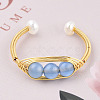 Natural Aquamarine Braided Oval Open Cuff Ring with Pearl Beaded RJEW-T026-11G-3