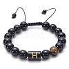 10MM Natural Black Onyx(Dyed & Heated) and Tiger Eye Alphabet Round Braided Bead Adjustable Bracelets for Women DM6424-8-1