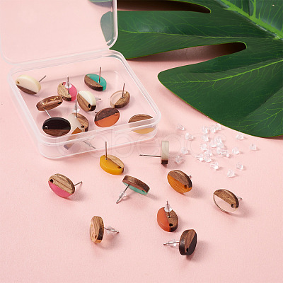 12Pairs 12 Colors Opaque Resin & Walnut Wood Stud Earring Findings MAK-CD0001-05-1