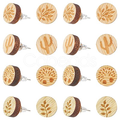 SUNNYCLUE 8 Pairs 4 style Natural Wood Flat Round Stud Earrings EJEW-SC0001-47-1