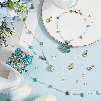 5M Synthetic Turquoise Chips & ABS Plastic Imitation Pearl Beaded Chains & 1Pc Plastic Empty Spools for Wire & 10Pcs & 30Pcs Long-Lasting Plated Brass Open Jump Rings DIY-SC0028-26-1