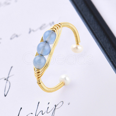 Natural Aquamarine Braided Oval Open Cuff Ring with Pearl Beaded RJEW-T026-11G-1