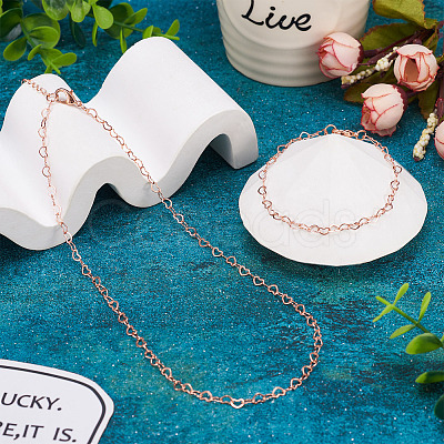 1 Set Brass Heart Link Chain Bracelets & Necklace SJEW-TA0001-04-1