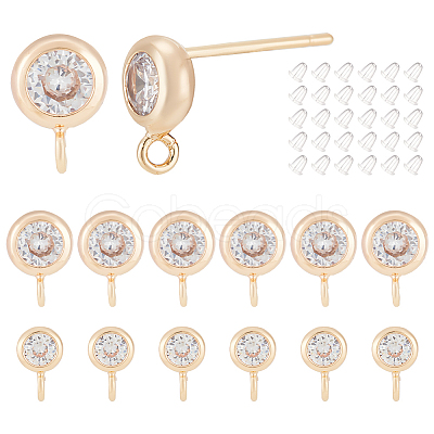 BENECREAT 12Pcs 2 Size Brass Micro Pave Cubic Zirconia Flat Round Stud Earring Finding KK-BC0011-51-1