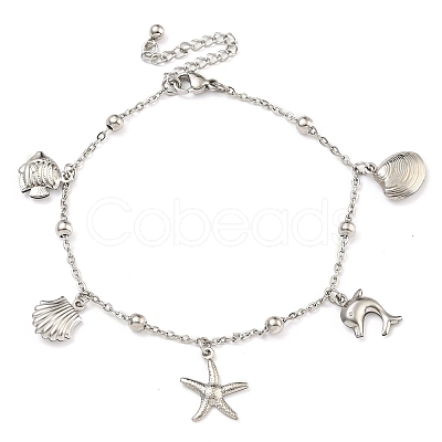 Tarnish Resistant Summer Beach 304 Stainless Steel Cable Chains Shell & Starfish Charm Bracelets BJEW-P334-07P-1