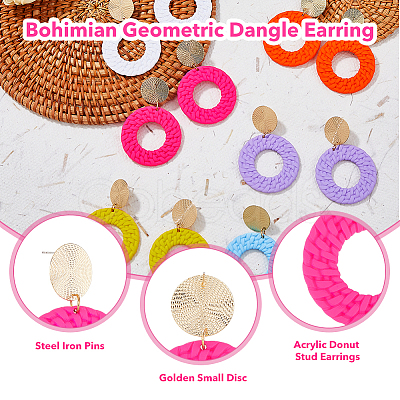 6 Pairs 6 Colors Acrylic Donut Dangle Stud Earrings with Steel Iron Pins for Women EJEW-FI0002-63-1