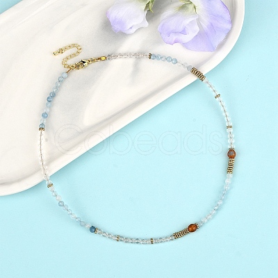 Natural Aquamarine & Quartz Crystal & Carnelian Faceted Round Beaded Necklaces NJEW-YW00007-1