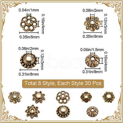 240Pcs 8 Styles Tibetan Style Alloy Flower Beads Caps FIND-SP0001-64-1