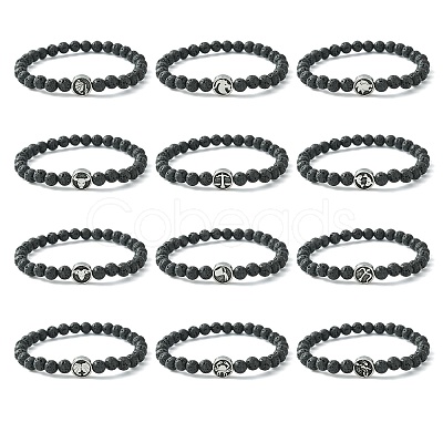12Pcs 12 Style Twelve Constellations 304 Stainless Steel & Natural Lava Rock Beaded Stretch Bracelets Set BJEW-JB09463-1