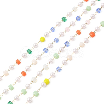 Faceted Cube Glass & ABS Plastic Imitation Pearl Beaded Chains CHS-G026-02KCG-03-1-1