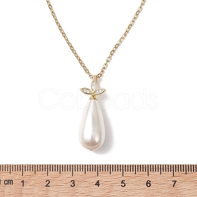 White Teardrop Shell Pearl Pendant 304 Stainless Steel Cable Chain Necklaces for Women NJEW-JN05968-1