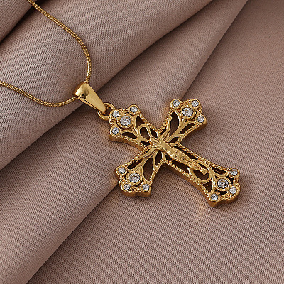 Vintage 304 Stainless Steel with Clear Glass Hollow Jesus Cross Pendant Necklaces for Women Men JW8660-1