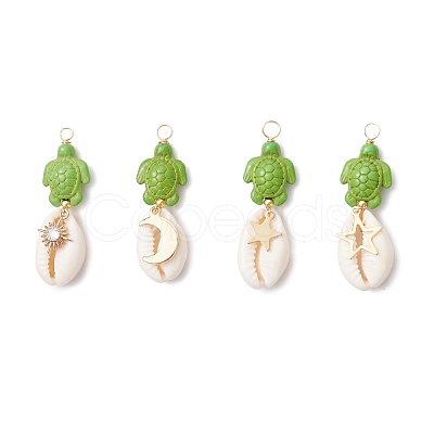 12Pcs 12 Styles Natural Cowrie Shell & Dyed Synthetic Turquoise Turtle Copper Wire Wrapped Pendants PALLOY-JF04035-1
