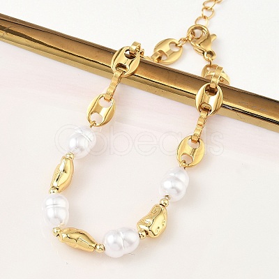 Nuggets 304 Stainless Steel & ABS Plastic Imitation Pearl Chain Bracelets BJEW-A169-07G-1