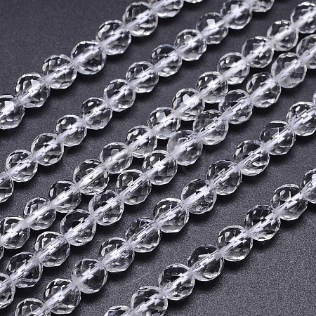 Faceted(64 Facets) Natural Quartz Crystal Round Beads Strands G-L411-34-8mm-1