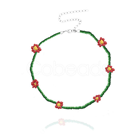 Bohemian Daisy Flower Glass Seed Beaded Necklaces with Alloy End Chains FS-WGC49A6-09-1
