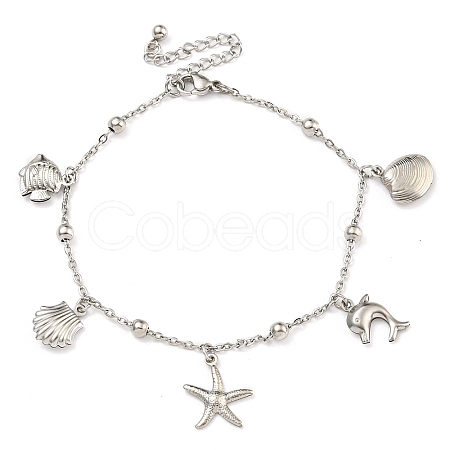 Tarnish Resistant Summer Beach 304 Stainless Steel Cable Chains Shell & Starfish Charm Bracelets BJEW-P334-07P-1