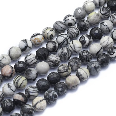 Natural Black Silk Stone/Netstone Beads Strands G-K310-A09-8mm-1