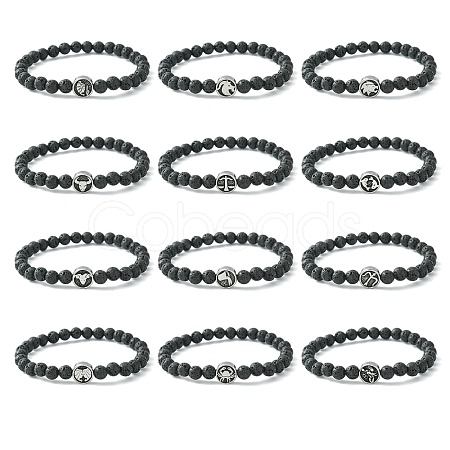 12Pcs 12 Style Twelve Constellations 304 Stainless Steel & Natural Lava Rock Beaded Stretch Bracelets Set BJEW-JB09463-1