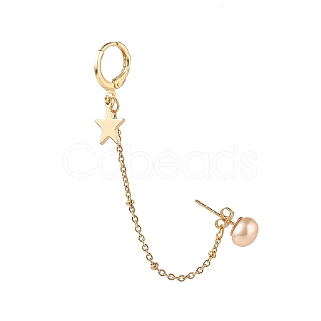 Natural Pearl Brass Crawler Ear Studs Chains EJEW-JE04566-03-1