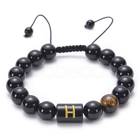 10MM Natural Black Onyx(Dyed & Heated) and Tiger Eye Alphabet Round Braided Bead Adjustable Bracelets for Women DM6424-8-1