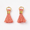 Polycotton(Polyester Cotton) Tassel Pendant Decorations, Mini Tassel, with Brass Findings, Golden, Tomato, 10~15x3~4mm, Hole: 2mm