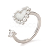 Cubic Zirconia Heart Open Cuff Ring with ABS Plastic Pearl Beaded RJEW-M148-05P-3