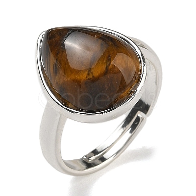Natural Tiger Eye Teardrop Adjustable Rings RJEW-K371-08S-21-1
