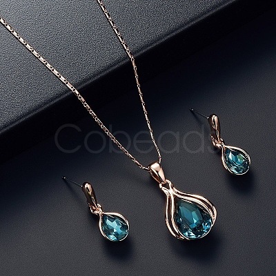 Teardrop Alloy Glass Pendant Necklaces & Stud Dangle Earrings Sets for Women WGD12E0-02-1