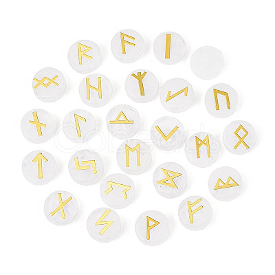 Brass Elder Futhark Alphabet Engraved Symbol Flat Round Natural Quartz Crystal Rune Stones G-I373-01B-1