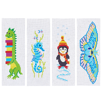 Gorgecraft 4 Sets 4 Style DIY Sea Horse/Penguin/Dinosaur/Butterfly Pattern PP Bookmarks Cross Stitch Kits DIY-FG0004-07-1