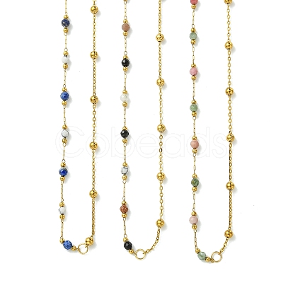 Natural & Synthetic Mixed Gemstone Faceted Round Beads Handmade Link Chain Necklaces with 316 Stainless Steel Chains NJEW-JN06059-1