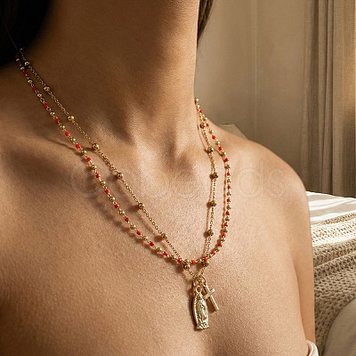 Red Glass Beaded Chain Double Layer Necklaces with Stainless Steel Religion Virgin Cross Pendant QR8888-1-1