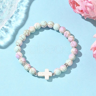 Baking Paint Synthetic Turquoise Round & Cross Beads Stretch Bracelets for Men Women BJEW-JB12339-02-1