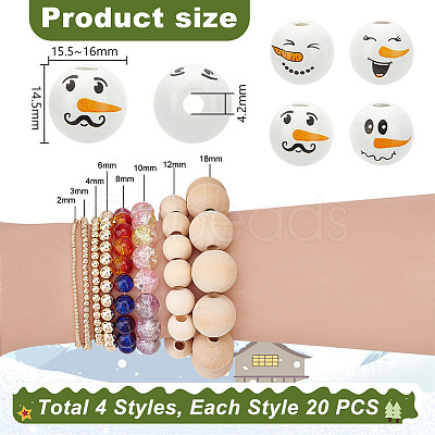 80Pcs 4 Styles Snowman Theme Printed Wood European Beads WOOD-PH0003-04A-1