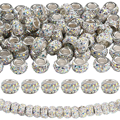 80Pcs Polymer Clay Rhinestone European Large Hole Beads with Silver Color Plated Brass Cores FPDL-LT0001-02D-1