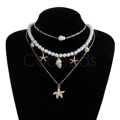 Summer Beach Alloy Starfish Pendant Shell & Imitation Pearl Beaded 3 Layer Necklaces for Women FS-WGA3F17-01-1